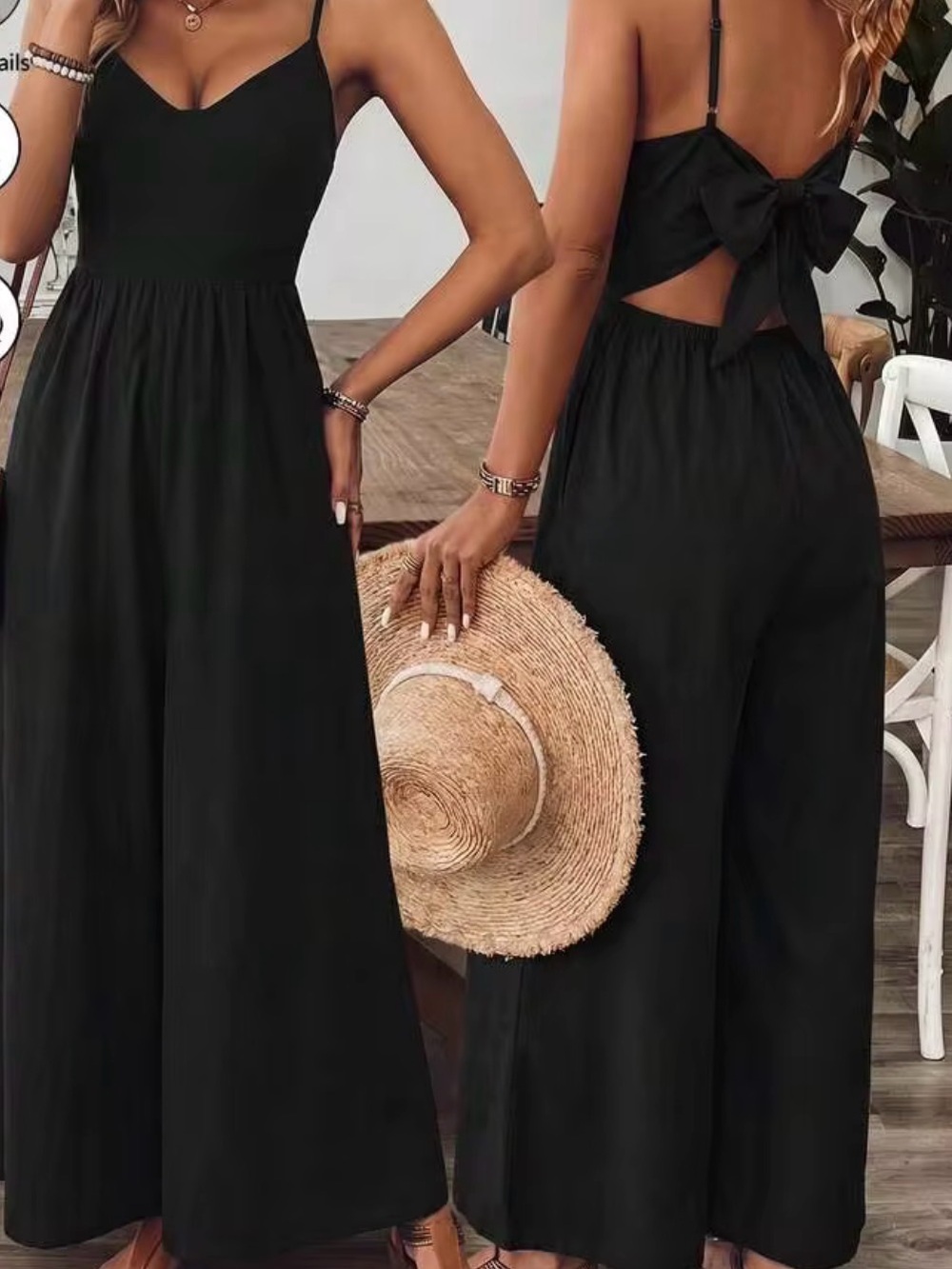Shein Black Wide-Leg Sleeveless Jumpsuit with Open Back Self Tie Bow